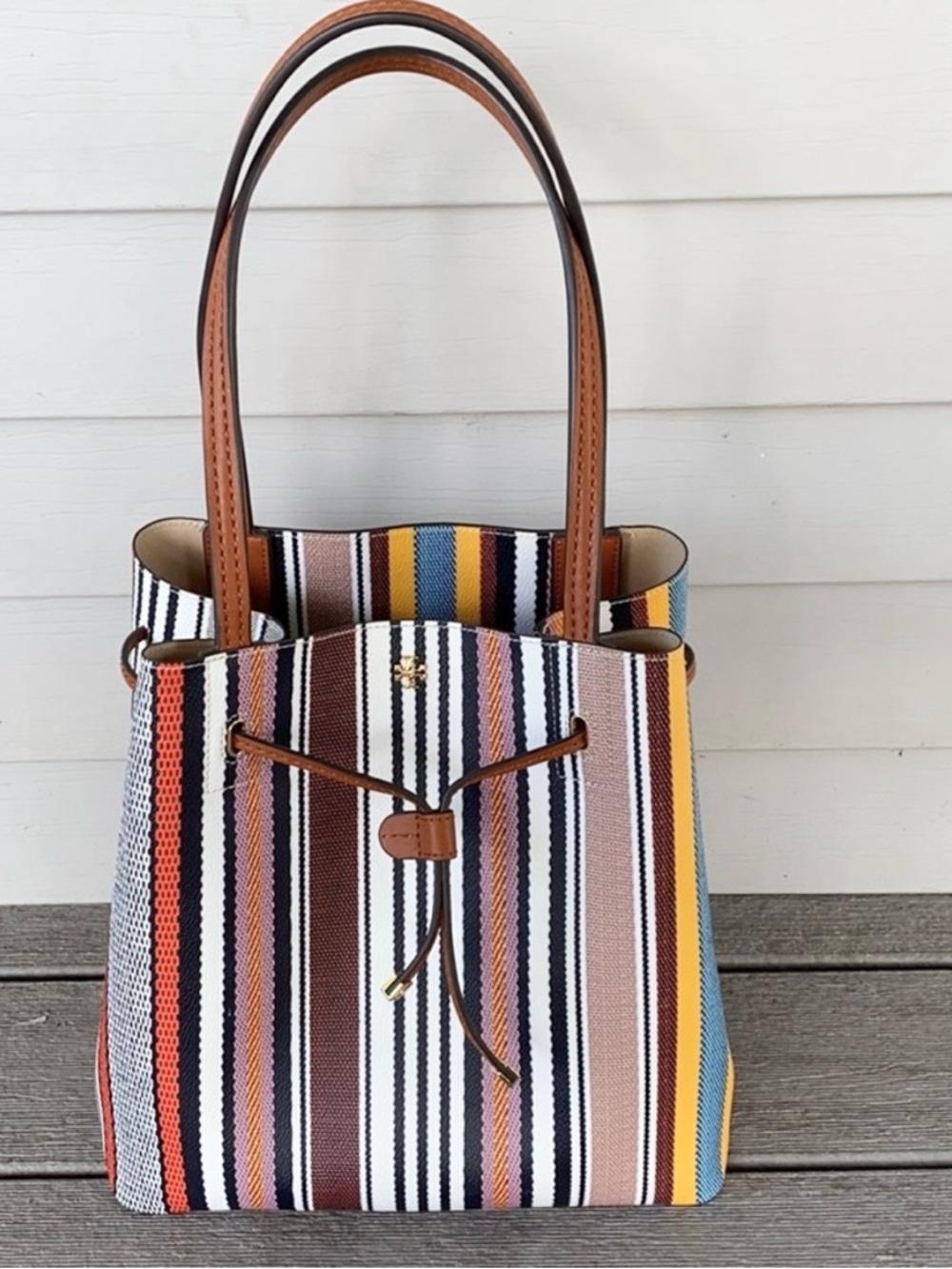 TORY BURCH Striped Tote Kerrington Webbing Drawstring, Black Brown